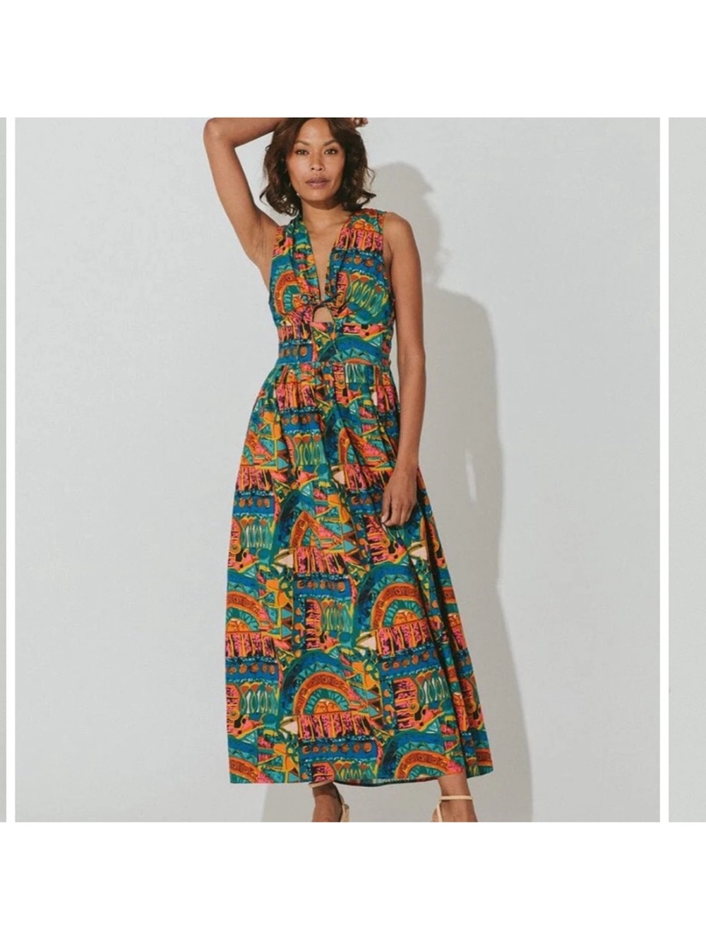 Cleobella Teal Maxi Dress with Orange & Pink Print